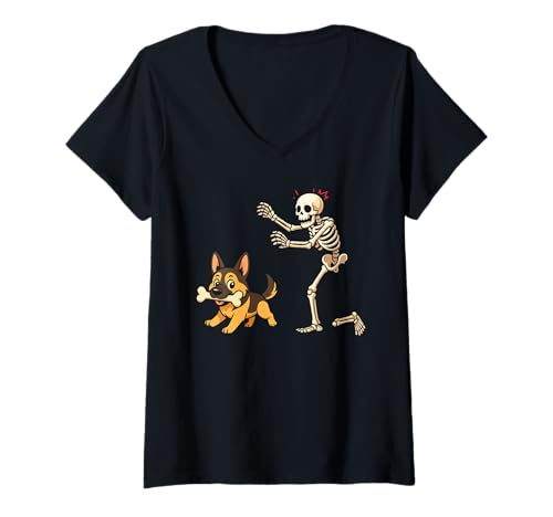 Damen Halloween Hund Lustiger Skelett Jagd Deutscher Schäferhund T-Shirt mit V-Ausschnitt Damen Halloween Hund Lustiger Skelett Jagd Deutscher Schäferhund T-Shirt mit V-Ausschnitt von Lustiger Skelett Jagd Deutscher Schäferhund