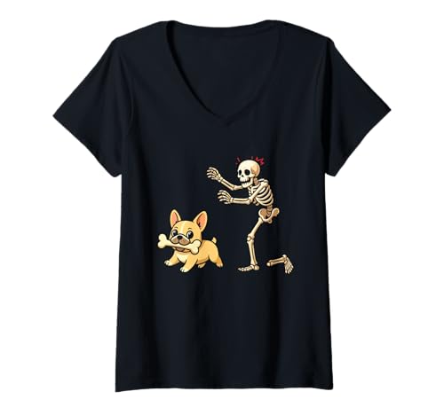 Damen Halloween Hund Lustiger Skelett Jagd Französische Bulldogge T-Shirt mit V-Ausschnitt Damen Halloween Hund Lustiger Skelett Jagd Französische Bulldogge T-Shirt mit V-Ausschnitt von Lustiger Skelett Jagd Französische Bulldogge
