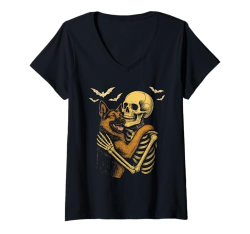 Damen Gothic Halloween Skelett Umarmt Deutscher Schäferhund T-Shirt mit V-Ausschnitt von Lustiger Skelett Umarmt Deutscher Schäferhund