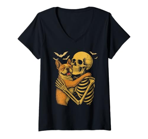 Damen Gothic Halloween Skelett Umarmt Französische Bulldogge T-Shirt mit V-Ausschnitt Damen Gothic Halloween Skelett Umarmt Französische Bulldogge T-Shirt mit V-Ausschnitt von Lustiger Skelett Umarmt Französische Bulldogge