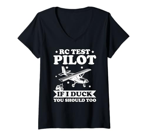 Damen RC Testpilot Duck Dich Auch Fliegerwitz Lustig T-Shirt mit V-Ausschnitt von Lustiger Spruch Für Modellflugzeugfreunde