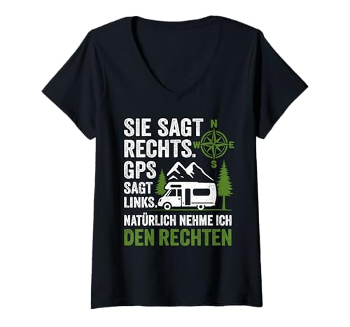 Damen Wohnmobil Humor Camping Berge Wald Kompass Camper T-Shirt mit V-Ausschnitt von Lustiger Spruch Geschenk Idee Wohnmobil Männer