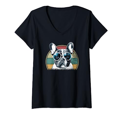 Damen Hund mit Sonnenbrille Geschenk I Französische Bulldogge T-Shirt mit V-Ausschnitt von Lustiger Spruch I Tiere & Spaß I Damen & Herren