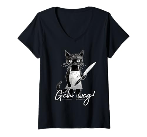 Damen Katze Spruch Lustig Geschenk I Katze mit Messer I Geh weg T-Shirt mit V-Ausschnitt von Lustiger Spruch I Tiere & Spaß I Damen & Herren