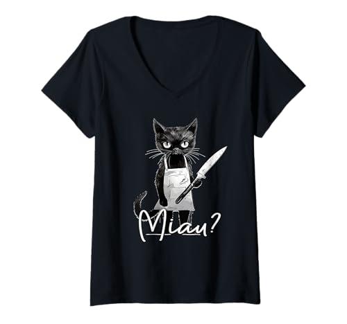 Damen Miau Katze mit Messer I lustiges Katzenmotiv I Katze Miau T-Shirt mit V-Ausschnitt von Lustiger Spruch I Tiere & Spaß I Damen & Herren