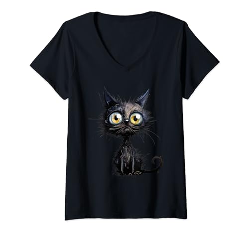 Damen Schwarze Katze sleepshirt damen T-Shirt mit V-Ausschnitt von Lustiger Spruch I Tiere & Spaß I Damen & Herren