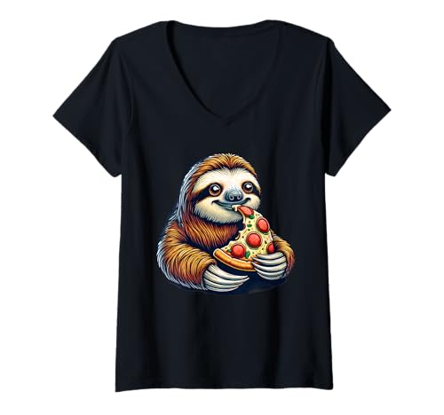 Damen Lustiges Faultier mit Pizza T-Shirt mit V-Ausschnitt Damen Lustiges Faultier mit Pizza T-Shirt mit V-Ausschnitt von Lustiger Spruch Motiv Geschenk