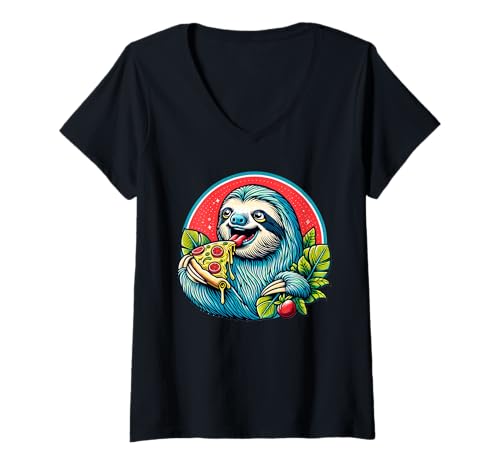 Damen Lustiges Faultier mit Pizza T-Shirt mit V-Ausschnitt Damen Lustiges Faultier mit Pizza T-Shirt mit V-Ausschnitt von Lustiger Spruch Motiv Geschenk