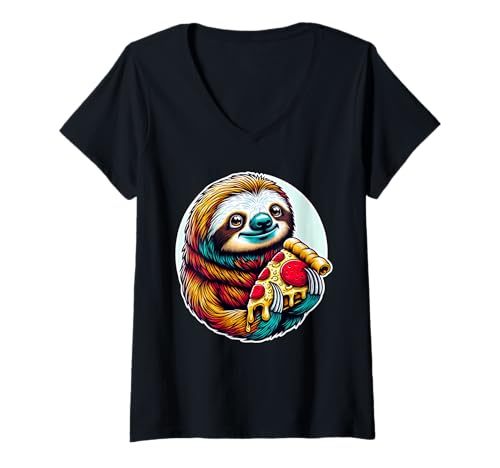 Damen Lustiges Faultier mit Pizza T-Shirt mit V-Ausschnitt Damen Lustiges Faultier mit Pizza T-Shirt mit V-Ausschnitt von Lustiger Spruch Motiv Geschenk