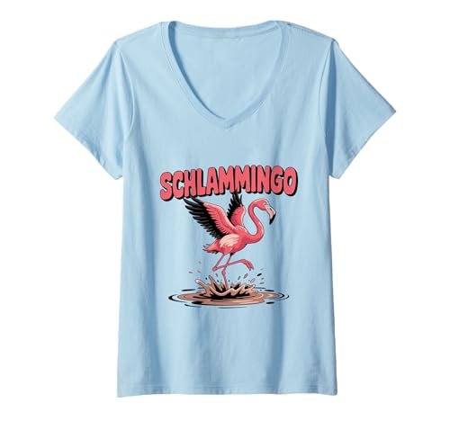Damen Schlammingo Wortspiel Flamingo im Matsch als Spaß Vogel T-Shirt mit V-Ausschnitt von Lustiger Spruch und Tierwitz mit Pfütze