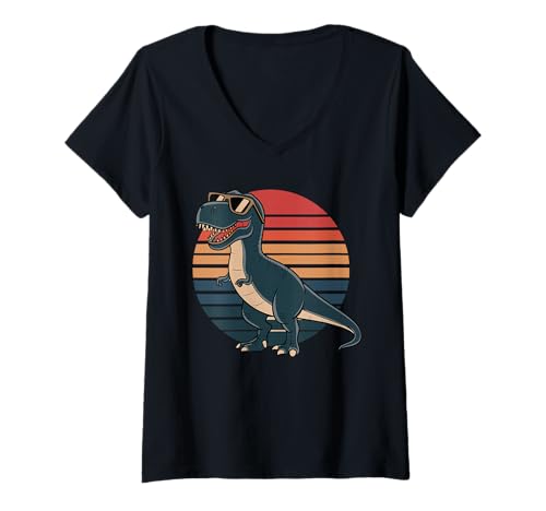 Damen Cool Dinosaur Retro Sunset Cartoon T-Rex Sunglasses Humor T-Shirt mit V-Ausschnitt Damen Cool Dinosaur Retro Sunset Cartoon T-Rex Sunglasses Humor T-Shirt mit V-Ausschnitt von Lustiger T-Rex Cartoon Retro Sunset Style