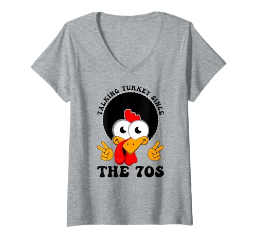 Damen Turkei spreche seit den 70er Thanksgiving Fall Funky Funky T-Shirt mit V-Ausschnitt Damen Turkei spreche seit den 70er Thanksgiving Fall Funky Funky T-Shirt mit V-Ausschnitt von Lustiger Thanksgiving Afro Turkey Retro Design