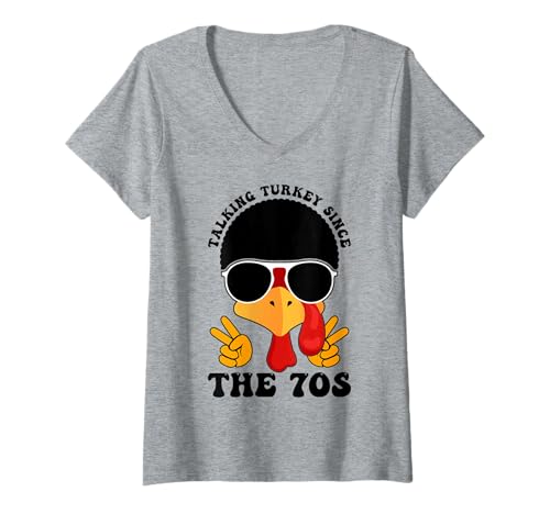 Damen Turkei spreche seit den 70er Thanksgiving Fall Funky Funky T-Shirt mit V-Ausschnitt Damen Turkei spreche seit den 70er Thanksgiving Fall Funky Funky T-Shirt mit V-Ausschnitt von Lustiger Thanksgiving Afro Turkey Retro Design