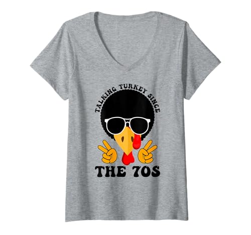 Damen Turkei spreche seit den 70er Thanksgiving Fall Funky Funky T-Shirt mit V-Ausschnitt Damen Turkei spreche seit den 70er Thanksgiving Fall Funky Funky T-Shirt mit V-Ausschnitt von Lustiger Thanksgiving Afro Turkey Retro Design