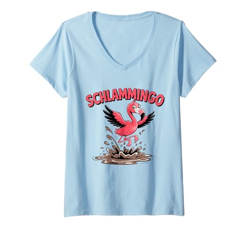 Damen Schlammingo Flamingo Wortspiel und Fun Tier Spruch T-Shirt mit V-Ausschnitt Damen Schlammingo Flamingo Wortspiel und Fun Tier Spruch T-Shirt mit V-Ausschnitt von Lustiger Vogel im Dreck im Comic Stil Humor