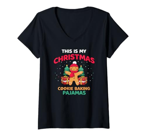 Damen Weihnachtskeks Back-Pyjama Festlicher Humor T-Shirt mit V-Ausschnitt von Lustiger Weihnachtsmorgen Mit Keksfreude