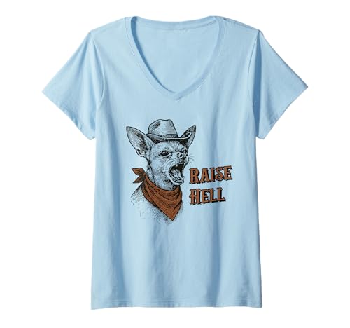Damen Vintage Cowboy Chihuahua 'Raise Hell' Western Chihuahua T-Shirt mit V-Ausschnitt Damen Vintage Cowboy Chihuahua 'Raise Hell' Western Chihuahua T-Shirt mit V-Ausschnitt von Lustiger Wilder Western Chihuahua