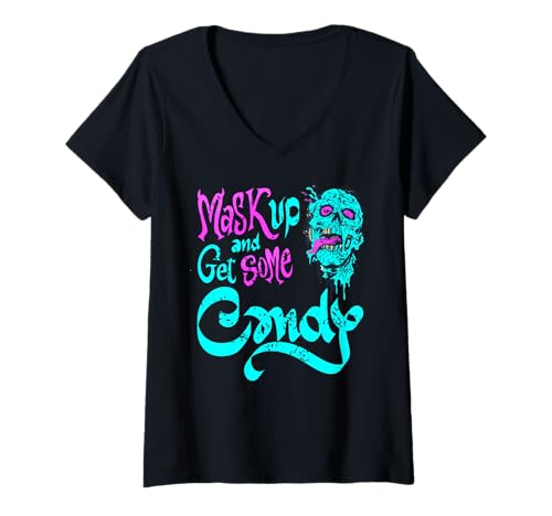 Damen Maske auf und HOL dir Süßes Zombiewitz zu Halloween T-Shirt mit V-Ausschnitt Damen Maske auf und HOL dir Süßes Zombiewitz zu Halloween T-Shirt mit V-Ausschnitt von Lustiger Zuckerschock Spruch für Gruselfreunde