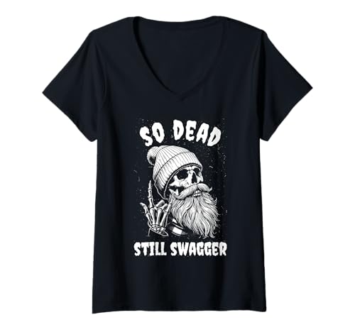 Damen Halloween so tot noch Prahlerei Hipster Skeleton Meme T-Shirt mit V-Ausschnitt von Lustiger dunkler Humor bärtiger Schädel und