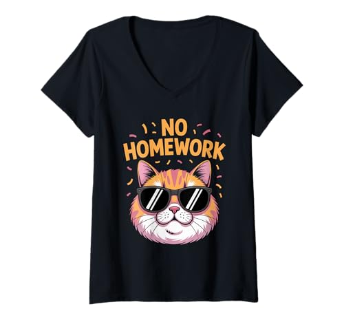 Damen Keine Hausaufgaben Katze lustiger erster Schultag T-Shirt mit V-Ausschnitt Damen Keine Hausaufgaben Katze lustiger erster Schultag T-Shirt mit V-Ausschnitt von Lustiger erster Schultag für Kinder und Lehrer