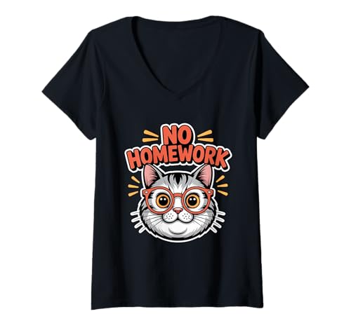 Damen Keine Hausaufgabenkatze lustig zurück in die Schule T-Shirt mit V-Ausschnitt Damen Keine Hausaufgabenkatze lustig zurück in die Schule T-Shirt mit V-Ausschnitt von Lustiger erster Schultag für Kinder und Lehrer