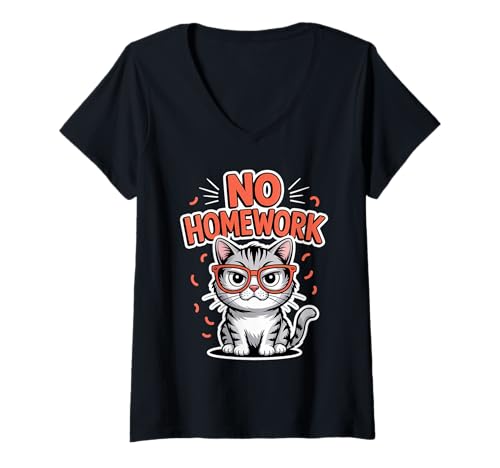 Damen Keine Hausaufgabenkatze zurück in die Schule T-Shirt mit V-Ausschnitt Damen Keine Hausaufgabenkatze zurück in die Schule T-Shirt mit V-Ausschnitt von Lustiger erster Schultag für Kinder und Lehrer