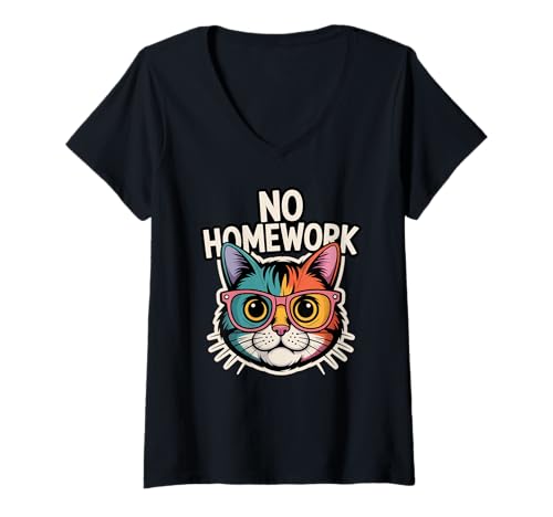 Damen Keine Hausaufgabenkatze zurück in die Schule T-Shirt mit V-Ausschnitt Damen Keine Hausaufgabenkatze zurück in die Schule T-Shirt mit V-Ausschnitt von Lustiger erster Schultag für Kinder und Lehrer