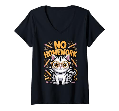 Damen Keine Hausaufgabenkatze zurück zum Schuldesign T-Shirt mit V-Ausschnitt Damen Keine Hausaufgabenkatze zurück zum Schuldesign T-Shirt mit V-Ausschnitt von Lustiger erster Schultag für Kinder und Lehrer