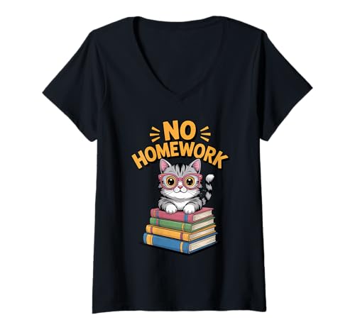 Damen Lustig Keine Hausaufgabenkatze erster Schultag T-Shirt mit V-Ausschnitt Damen Lustig Keine Hausaufgabenkatze erster Schultag T-Shirt mit V-Ausschnitt von Lustiger erster Schultag für Kinder und Lehrer