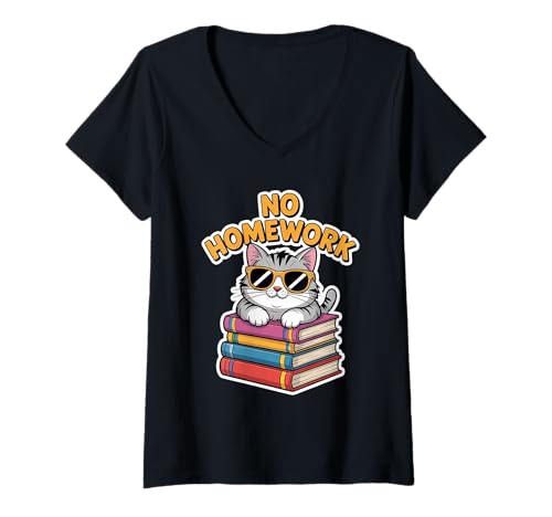 Damen Lustig Keine Hausaufgabenkatze zurück in die Schule T-Shirt mit V-Ausschnitt Damen Lustig Keine Hausaufgabenkatze zurück in die Schule T-Shirt mit V-Ausschnitt von Lustiger erster Schultag für Kinder und Lehrer