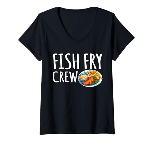 Damen Fish Fry Crew Fried Fish Fry T-Shirt mit V-Ausschnitt Damen Fish Fry Crew Fried Fish Fry T-Shirt mit V-Ausschnitt von Lustiger frittierter Fisch Designs Idee