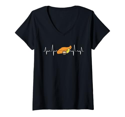 Damen Herzschlag Herzlinie Herzfrequenz Fish Fry Fried Fish T-Shirt mit V-Ausschnitt Damen Herzschlag Herzlinie Herzfrequenz Fish Fry Fried Fish T-Shirt mit V-Ausschnitt von Lustiger frittierter Fisch Designs Idee