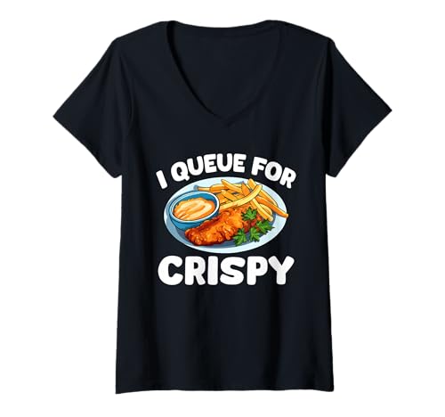 Damen I Queue for Crispy Fish Fry Fried Fish T-Shirt mit V-Ausschnitt Damen I Queue for Crispy Fish Fry Fried Fish T-Shirt mit V-Ausschnitt von Lustiger frittierter Fisch Designs Idee