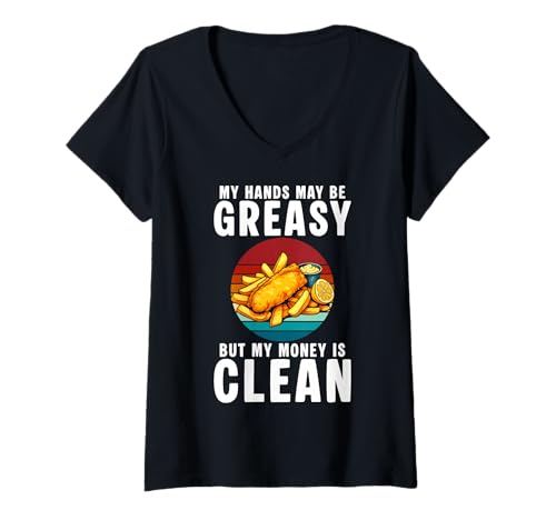 Damen My Hands May Be Greasy But My Money is Clean Fish Fry T-Shirt mit V-Ausschnitt Damen My Hands May Be Greasy But My Money is Clean Fish Fry T-Shirt mit V-Ausschnitt von Lustiger frittierter Fisch Designs Idee