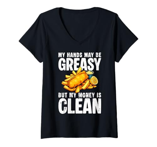 Damen My Hands May Be Greasy But My Money is Clean Fish Fry T-Shirt mit V-Ausschnitt Damen My Hands May Be Greasy But My Money is Clean Fish Fry T-Shirt mit V-Ausschnitt von Lustiger frittierter Fisch Designs Idee