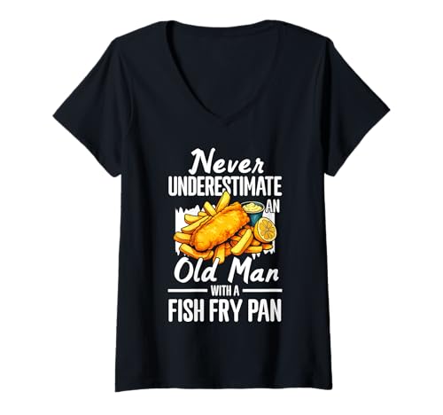 Damen Never Undererstimate An Old Man Fish Fry Fried Fish T-Shirt mit V-Ausschnitt Damen Never Undererstimate An Old Man Fish Fry Fried Fish T-Shirt mit V-Ausschnitt von Lustiger frittierter Fisch Designs Idee
