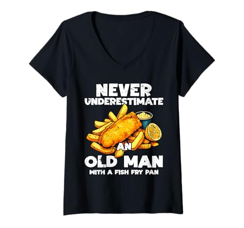 Damen Never Undererstimate An Old Man Fish Fry Fried Fish T-Shirt mit V-Ausschnitt Damen Never Undererstimate An Old Man Fish Fry Fried Fish T-Shirt mit V-Ausschnitt von Lustiger frittierter Fisch Designs Idee