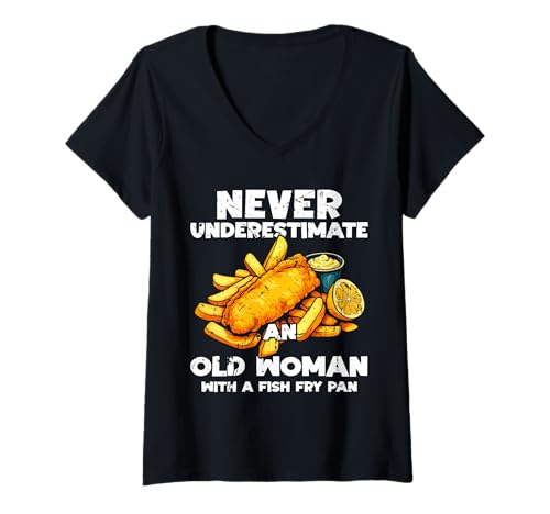 Damen Never Undererstimate An Old Woman Fish Fry Fried Fish T-Shirt mit V-Ausschnitt Damen Never Undererstimate An Old Woman Fish Fry Fried Fish T-Shirt mit V-Ausschnitt von Lustiger frittierter Fisch Designs Idee
