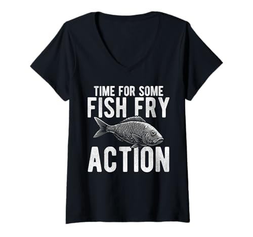 Damen Time for Some Fish Fry Action Fried Fish T-Shirt mit V-Ausschnitt Damen Time for Some Fish Fry Action Fried Fish T-Shirt mit V-Ausschnitt von Lustiger frittierter Fisch Designs Idee