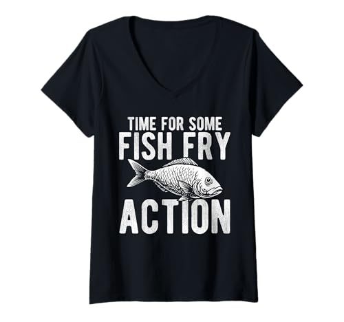 Damen Time for Some Fish Fry Action Fried Fish T-Shirt mit V-Ausschnitt Damen Time for Some Fish Fry Action Fried Fish T-Shirt mit V-Ausschnitt von Lustiger frittierter Fisch Designs Idee
