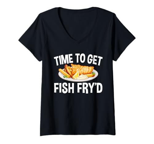 Damen Time to Get Fish Fry Fried Fish T-Shirt mit V-Ausschnitt Damen Time to Get Fish Fry Fried Fish T-Shirt mit V-Ausschnitt von Lustiger frittierter Fisch Designs Idee