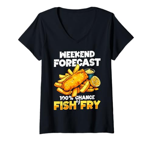Damen Weekend Forecast 100% Chance of Fish Fry Fried Fish T-Shirt mit V-Ausschnitt Damen Weekend Forecast 100% Chance of Fish Fry Fried Fish T-Shirt mit V-Ausschnitt von Lustiger frittierter Fisch Designs Idee