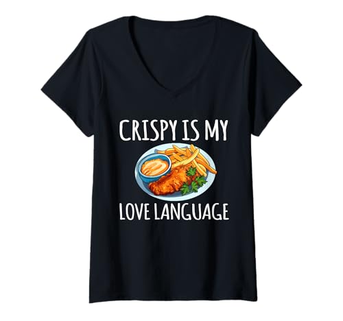 Damen Crispy is My Love Language Fried Fish Fry T-Shirt mit V-Ausschnitt Damen Crispy is My Love Language Fried Fish Fry T-Shirt mit V-Ausschnitt von Lustiger frittierter Fisch Designs Ideen