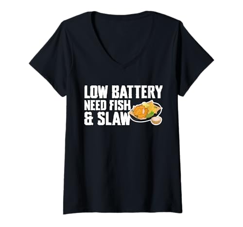 Damen Low Battery Need Fish & Slaw Fried Fish Fry T-Shirt mit V-Ausschnitt Damen Low Battery Need Fish & Slaw Fried Fish Fry T-Shirt mit V-Ausschnitt von Lustiger frittierter Fisch Designs Ideen