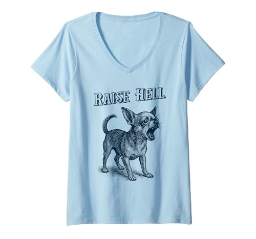 Damen Vintage Chihuahua 'Raising Hell' bellender Chihuahua T-Shirt mit V-Ausschnitt Damen Vintage Chihuahua 'Raising Hell' bellender Chihuahua T-Shirt mit V-Ausschnitt von Lustiger überstimulierter Chihuahua Hundeliebhaber