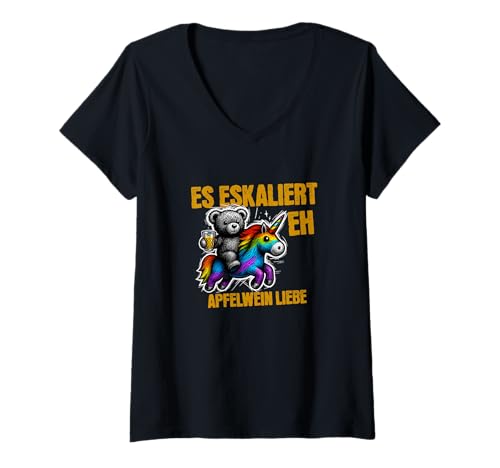 Damen Es Eskaliert eh Äppler Schobbe Frankfurt Apfelwein Hessen T-Shirt mit V-Ausschnitt Damen Es Eskaliert eh Äppler Schobbe Frankfurt Apfelwein Hessen T-Shirt mit V-Ausschnitt von Lustiges Apfelwein Heimat Motiv Hessen BaTeDi