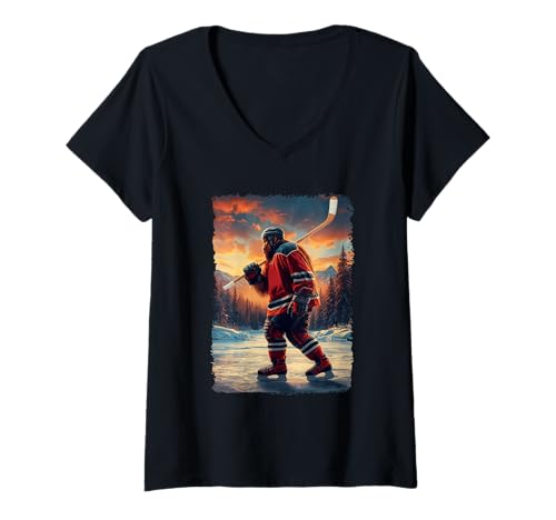 Damen Sasquatch Hockey Eisbahn Bigfoot Hockey Spieler T-Shirt mit V-Ausschnitt von Lustiges Athlet Kryptid Hockey Team