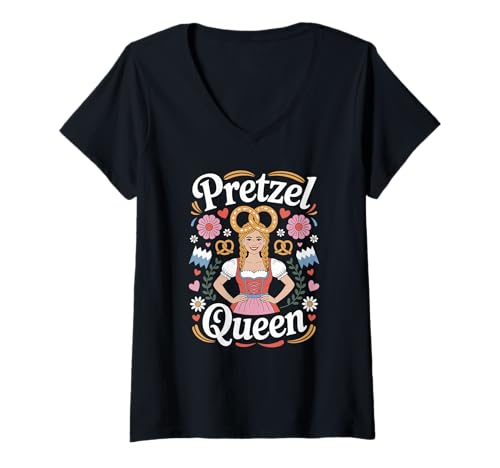Damen Pretzel Queen Oktoberfest Dirndl Trachten Ersatz Saufen T-Shirt mit V-Ausschnitt von Lustiges Bayerisches Oktoberfest Sprüche Design