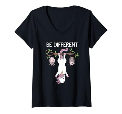 Damen Be different Fledermaus Einhorn am Ast T-Shirt mit V-Ausschnitt von Lustiges Be Different Outfit für Frauen