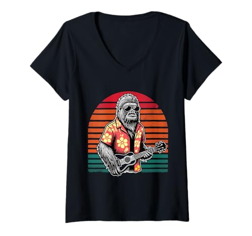 Damen Sasquatch Bigfoot Ukulele Hawaii Vintage Männer Urlaub T-Shirt mit V-Ausschnitt Damen Sasquatch Bigfoot Ukulele Hawaii Vintage Männer Urlaub T-Shirt mit V-Ausschnitt von Lustiges Bigfoot Design für den Hawaii Urlaub